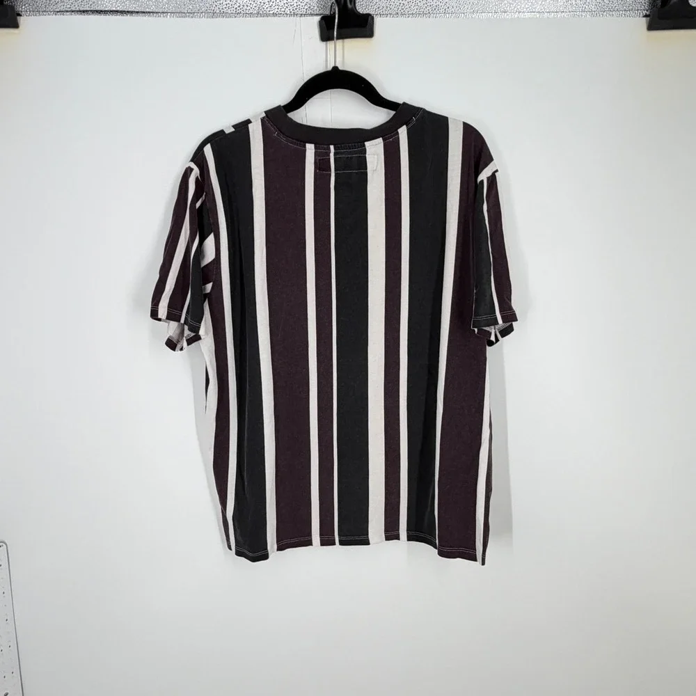 Guess Originals Mens Vertical Stripe Triangle Logo T-Shirt Black Plum - Picture 9 of 9